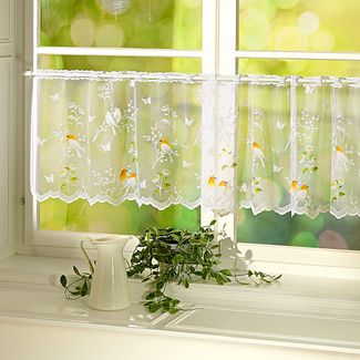 Cantonnière De Fenêtre Motif Oiseaux - 132x48 Cm, 100% Polyester, Passe Tringle - Décoration Cuisine, Salon, Chambre