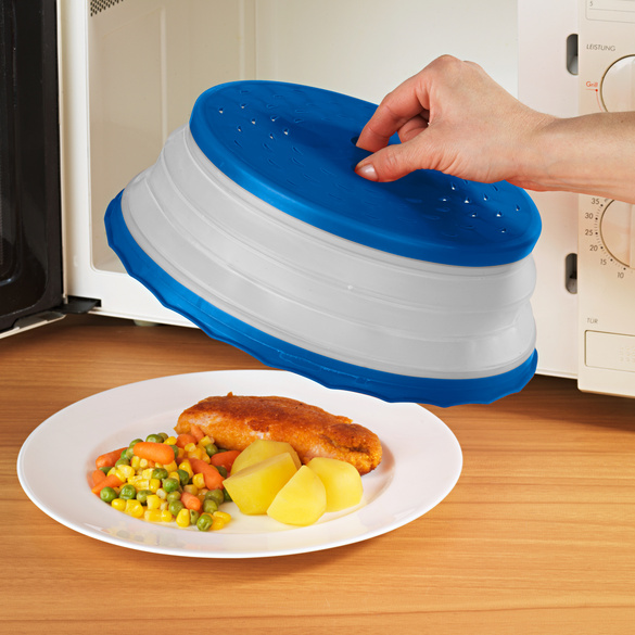 Lot De 2 Couvercles Micro-ondes Rétractables + Plateaux - Cloche Anti-éclaboussures Pliable 26.5 Cm, Gris & Bleu, Passe Lave-vaisselle