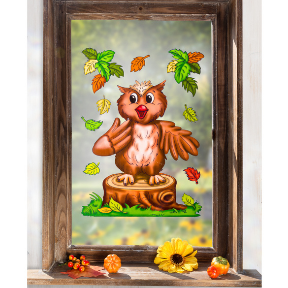 Décoration de fenêtre Chouette et feuille d'automne