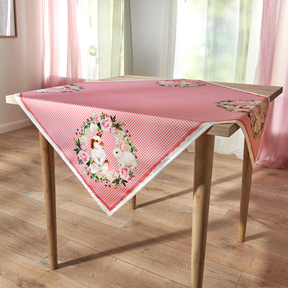 Nappe De Noël 85x85cm Cerf Brodé - Rouge Avec Motifs Sapins - Polyester Lavable 40°C - Décoration De Table Festive