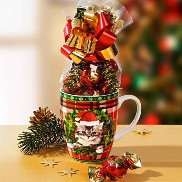 Tasse à café Chaton de Noël avec boules pralinées