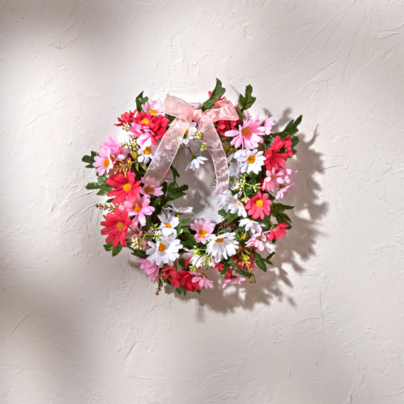 Couronne de fleurs artificielles, rose/rose vif/blanc/vert, Ø30 cm