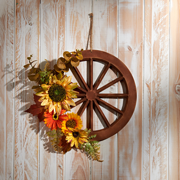 Composition florale Roue en bois