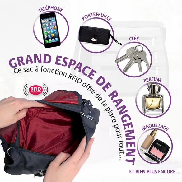 Sac bandoulière avec fonction RFID, prune