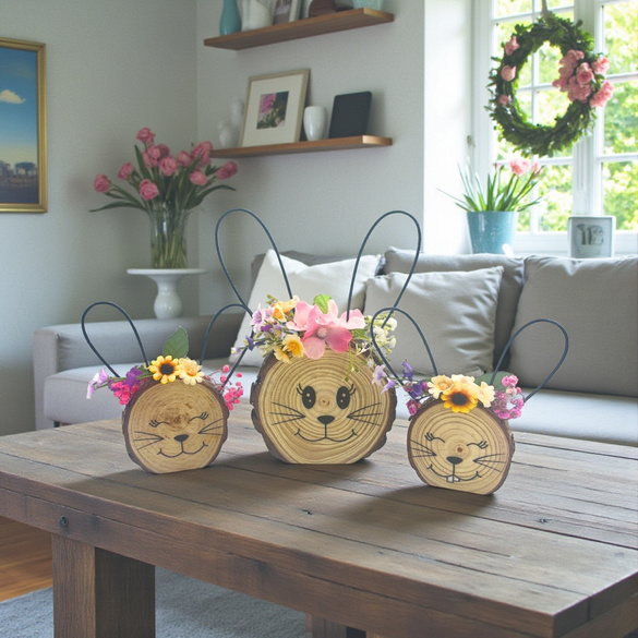 Lot de 3 décorations en bois "Têtes de lapins" Eldo