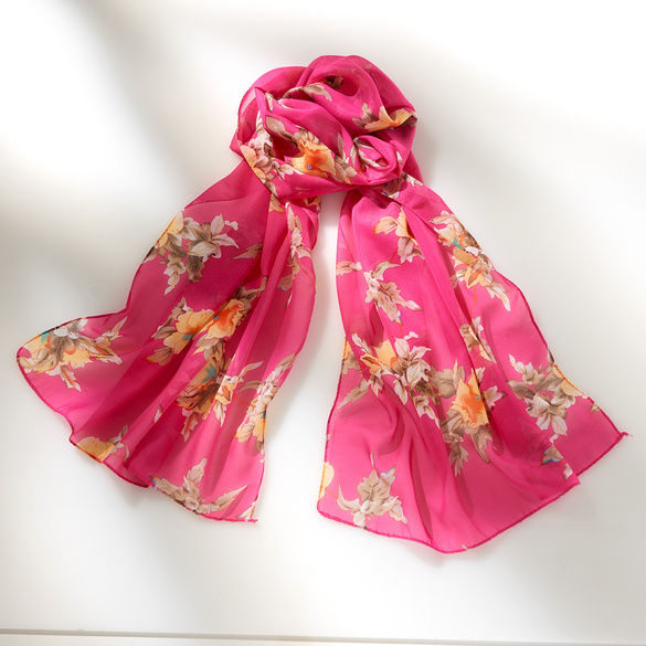 Foulard en mousseline avec motif à fleurs fuchsia