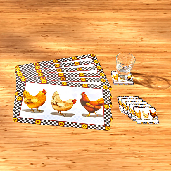 Lot de 12 : 6 sets de table + 6 dessous de verre "Poules" Eldo