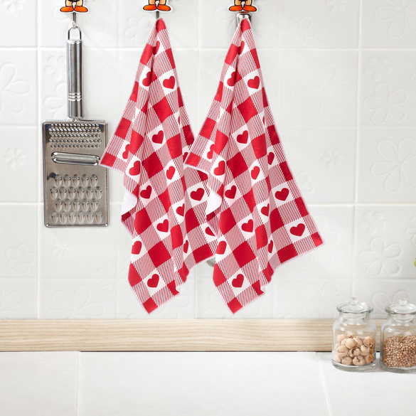 Lot de 2 torchons "Cœurs rouges"