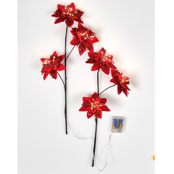 Lot de 2 branches de poinsettias LED, rouge