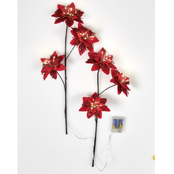 Lot de 2 branches de poinsettias LED, rouge