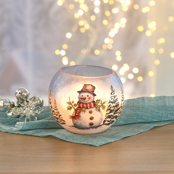 Bougeoir en verre pour bougie chauffe-plat "Bonhomme de neige"