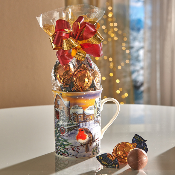 Tasse décor hivernal "Rouge-gorge" garnie de confiseries