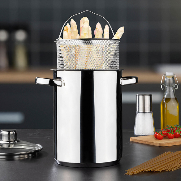 Marmite à pâtes & asperges en acier inoxydable avec couvercle en verre HI
