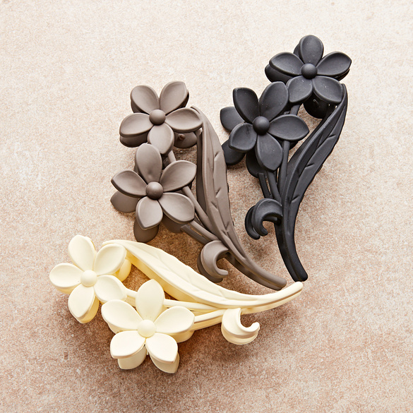 Barrettes "fleurs" noir-beige-taupe lot de 3