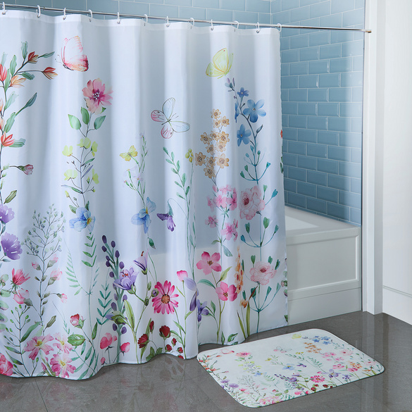 Rideau de douche et tapis - design floral
