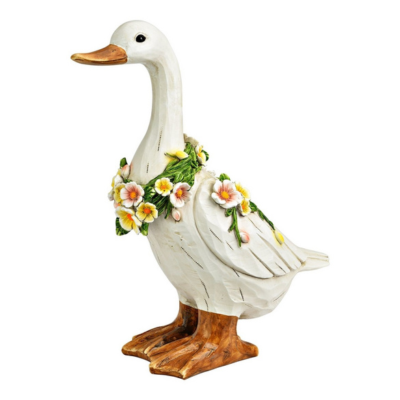 Figurine décorative Oie avec couronne de fleurs en magnésie vue latérale