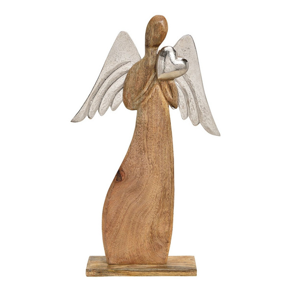 Présentoir décoratif Ange avec ailes métalliques et cœur en bois