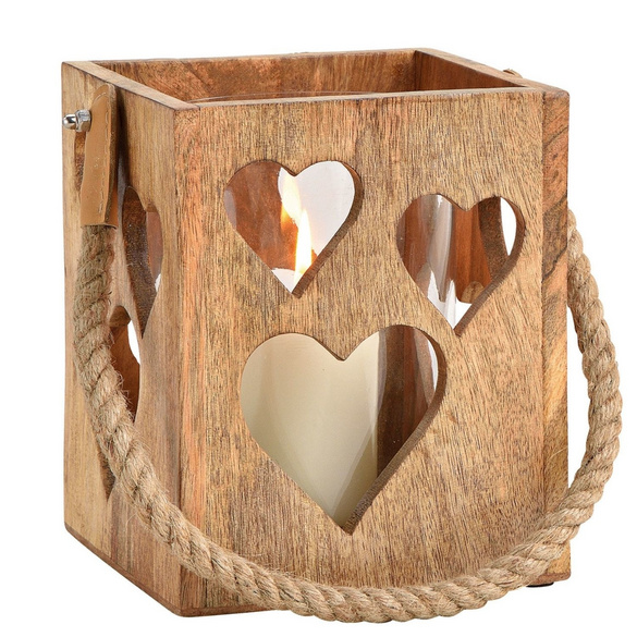 Photophore "cœur" en verre et bois de manguier