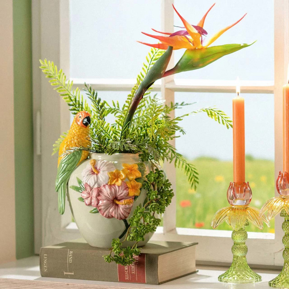 Vase avec perroquet & décor floral