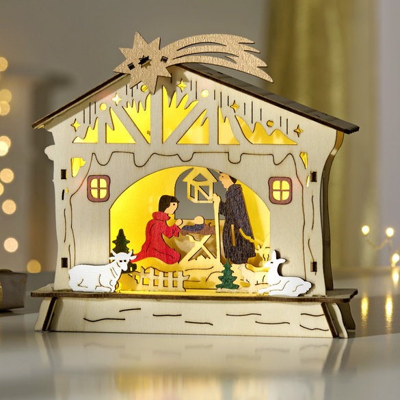 Crèche de Noël en bois avec LED