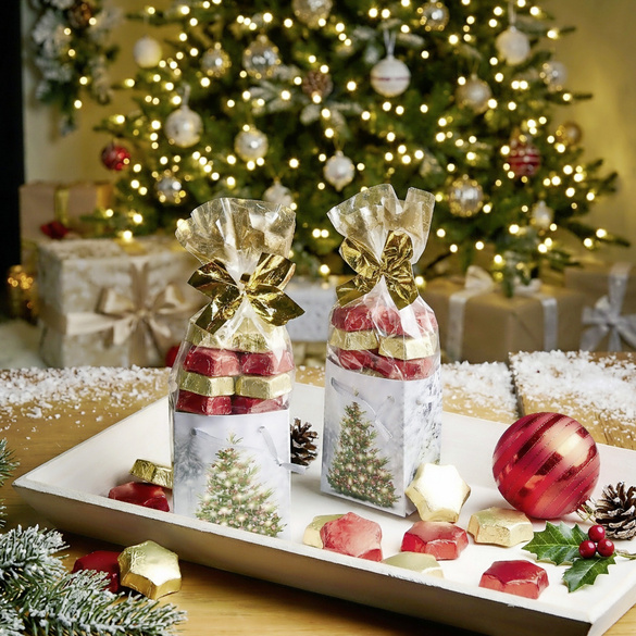 Sachets cadeaux « Sapin de Noël » rouge et or – lot de 2