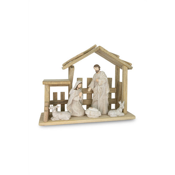 Crèche de Noël : la Sainte Famille dans l'étable en bois
