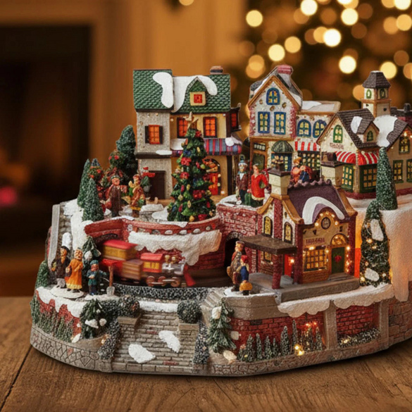 Village de Noël illuminé avec un train animé
