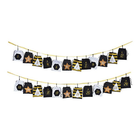 Calendrier de l'Avent en tissu avec 24 petits sacs, noir/or/blanc