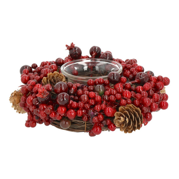 Porte-bougies en forme de couronne avec des baies et des pommes de pin, rouge
