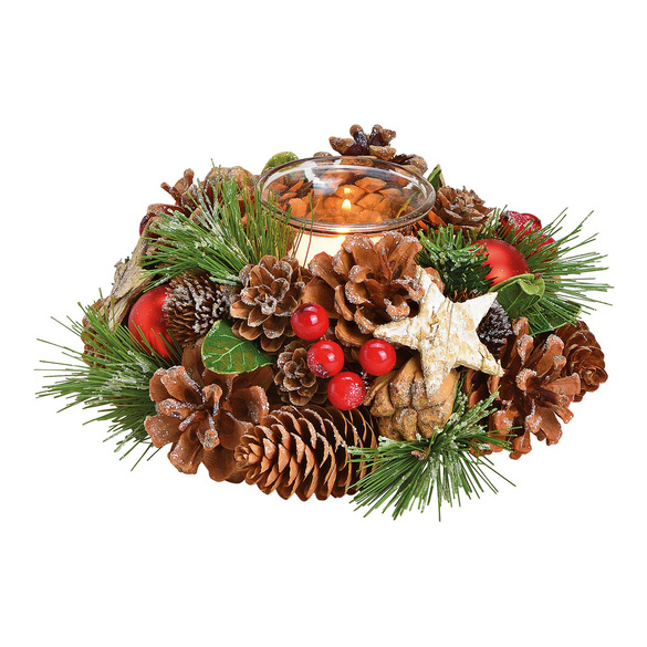 Photophore dans une couronne de Noël en verre, bois et plastique