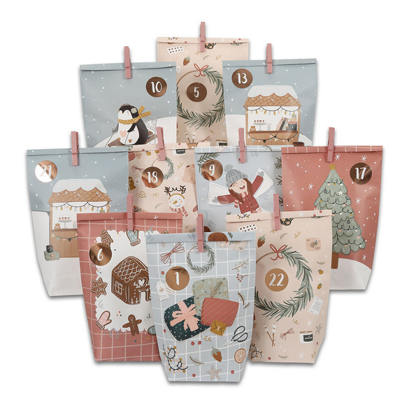 Calendrier de l'Avent « Christmas Challenge » à remplir soi-même, comprenant 24 sachets en papier et des pinces