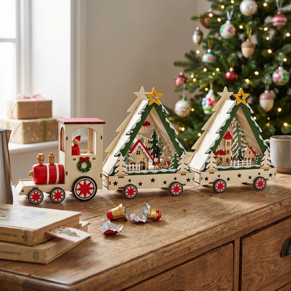 Train LED « Scène d'hiver » avec minuterie, en bois – Wurm