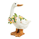 Figurine décorative oie avec couronne de fleurs en magnésie tête tournée