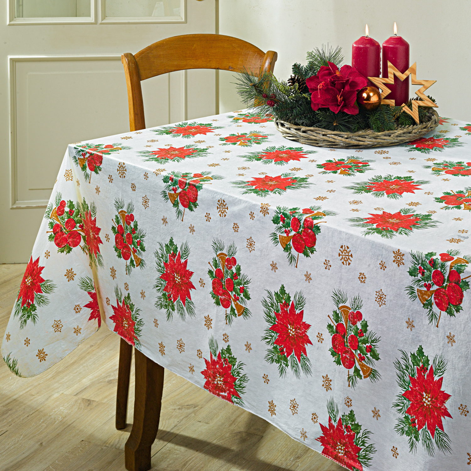 Nappe Poinsettia, se nettoie d'un coup d'éponge
