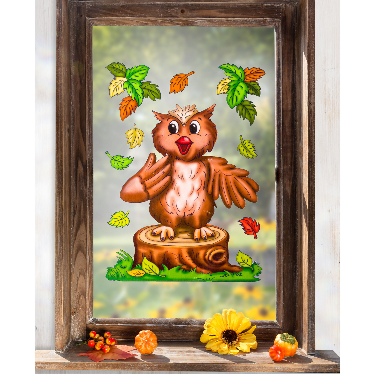 Décoration de fenêtre Chouette et feuille d'automne