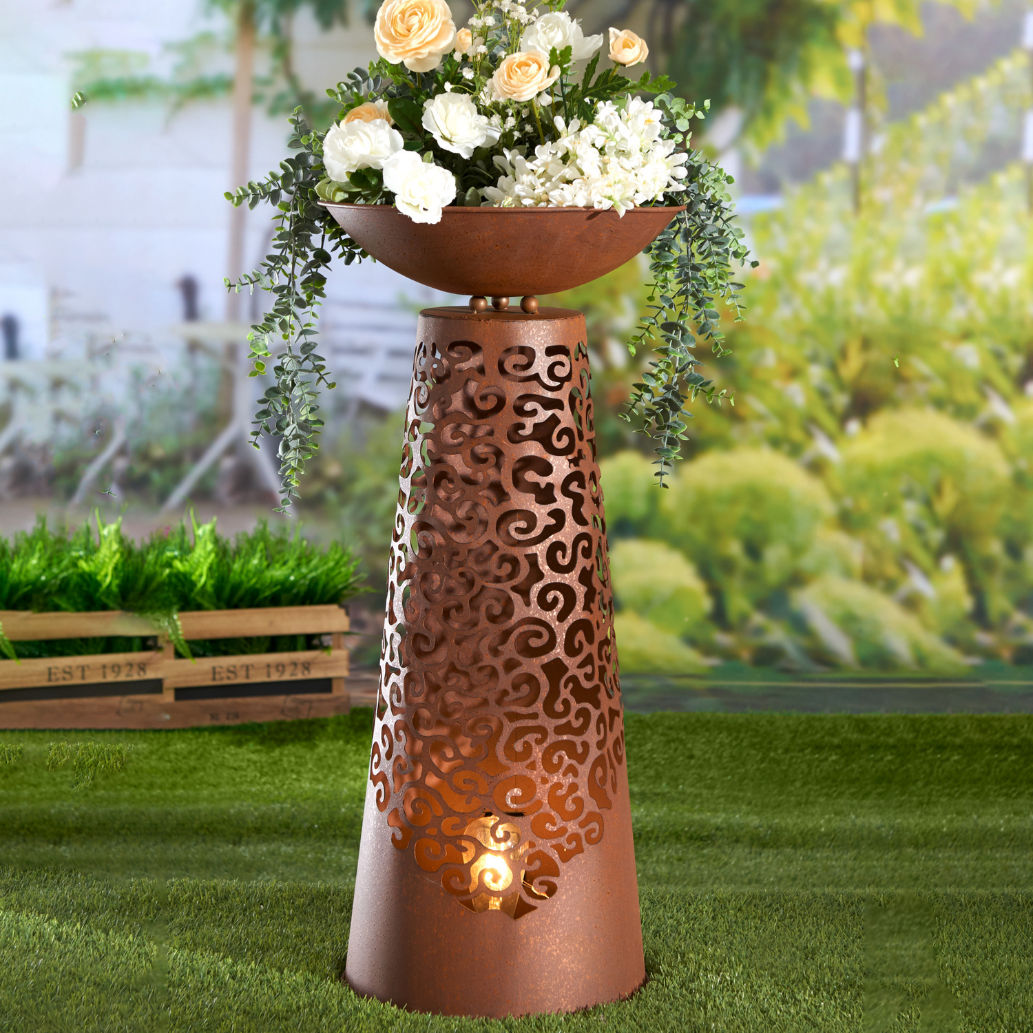 Colonne en métal pour plantes avec éclairage et coupelle Vitrine Magique